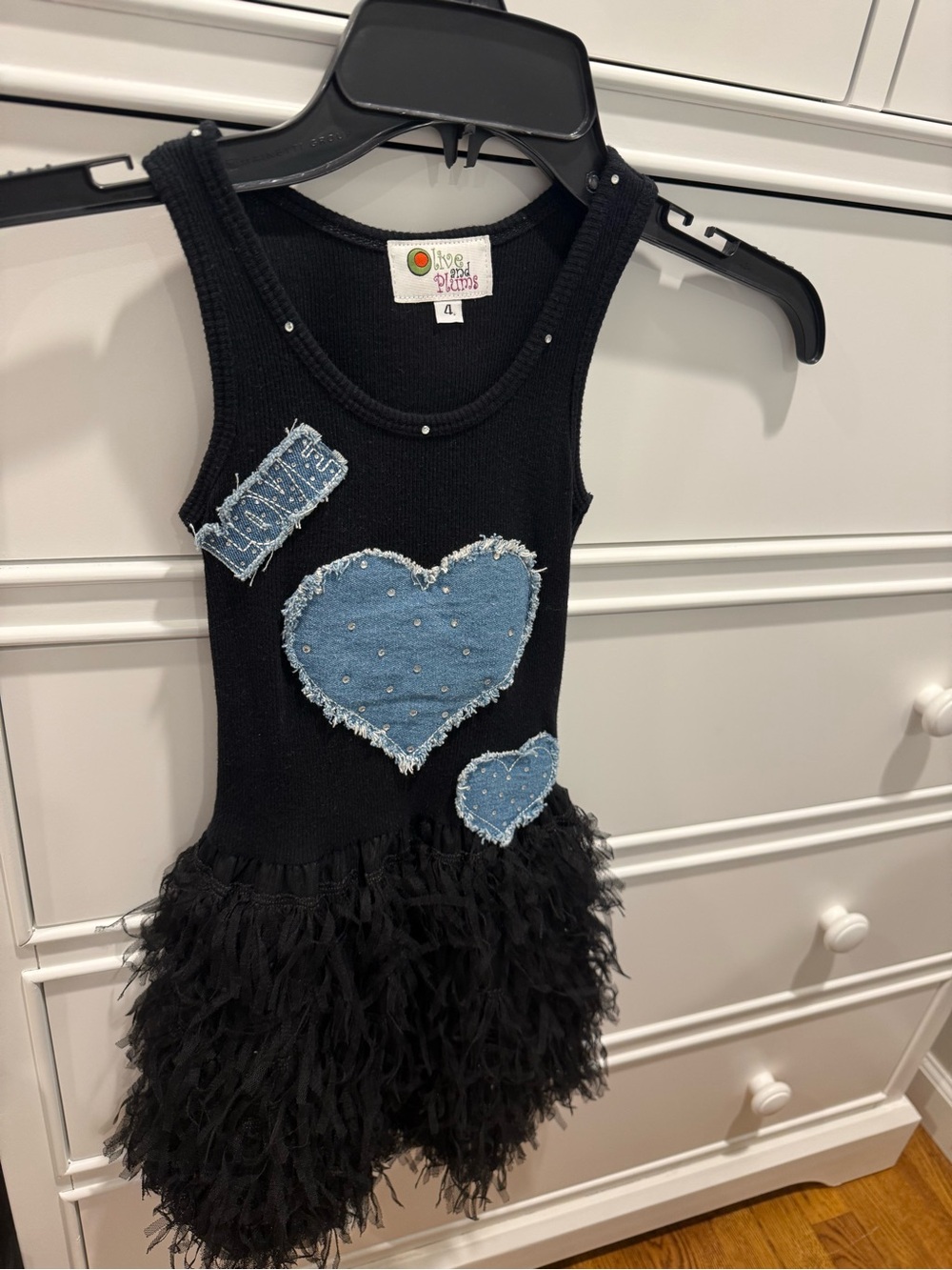 Live Love Dream Black Tank Dress with Denim Heart Appliqués - Picture 1 of 3
